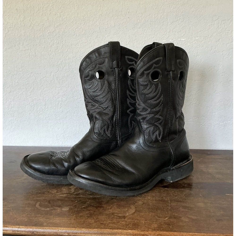 Mens Black Leather Western Boots 11 EW Extra Wide Square Toe USA Vintage